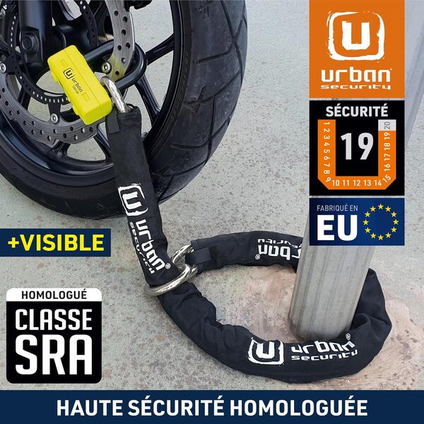 URBAN UR74120L Antivol Moto Homologué SRA, Mini U 18mm + Chaîne Haute Sécurité Acier Cémenté 13,5mm Testée contre Coupe-Boulons, Multifonction Bloque Disque + Chaîne 120cm Lasso +Polyvalente