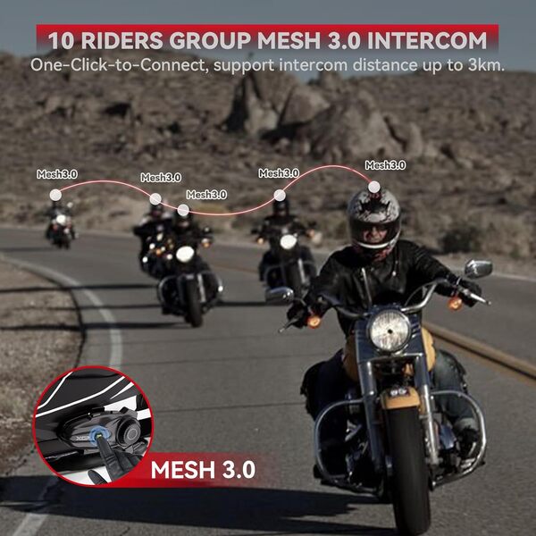 XGP X10 Intercom Moto Mesh pour Groupe de 10 Motards, Portée de 3000 m, Casque Bluetooth V5.3 avec Multitâche Audio/Partage de Musique, Système de Communication pour Moto/Motoneige/Ski, Lot de 2