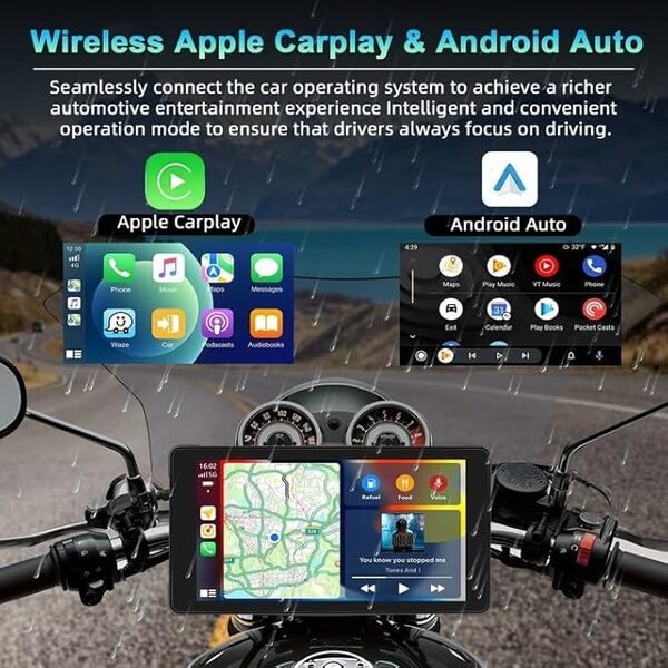 Podofo Autoradio Portable pour Moto avec Wireless Apple Carplay Android Auto 5,5 Pouces Écran Tactile Carplay Autoradio avec Bluetooth,Navigation GPS,Transmetteur FM,TF Carte,USB,EQ pour Moto