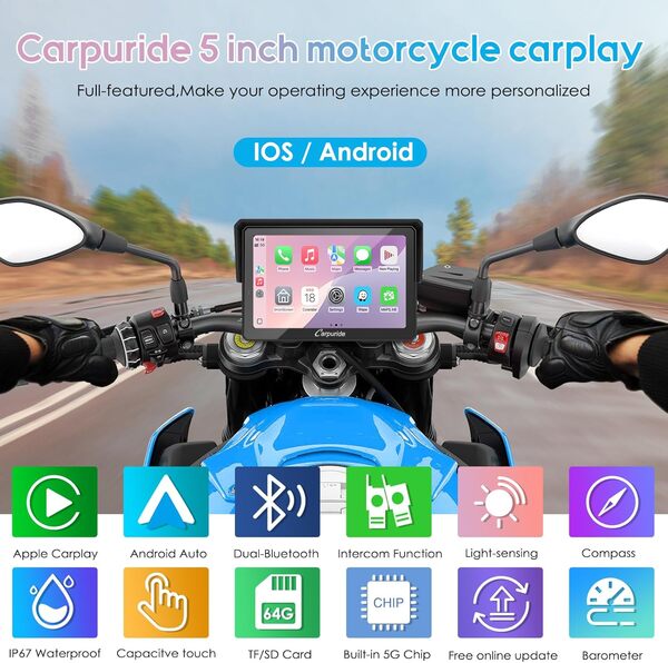 Carpuride W502PRO pour Moto CarPlay & Android Auto & Dual Bluetooth - Navigation GPS étanche 5 Pouces pour Moto, Partage de Musique, Interphone, EQ, Capteur de Lumière, Boussole, Baromètre