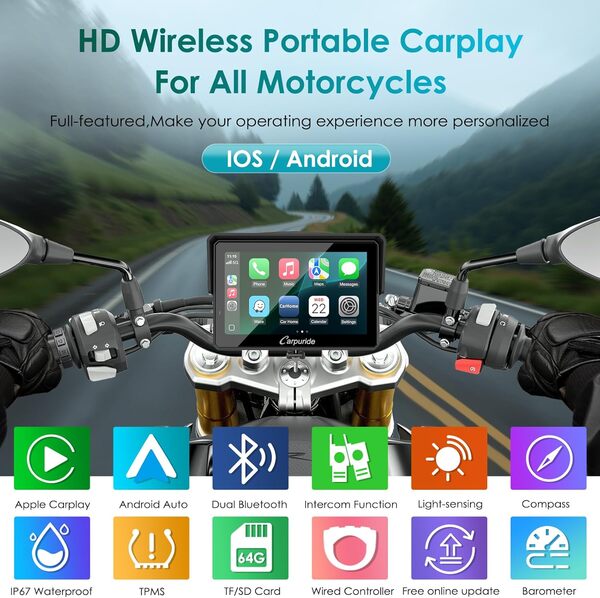 2025 Carpuride W502S Pro GPS Moto sans Fil Carplay/Android Auto, écran Tactile Moto étanche 5 Pouces, avec Support BM05, Bluetooth, Contrôleur Filaire et Navigation