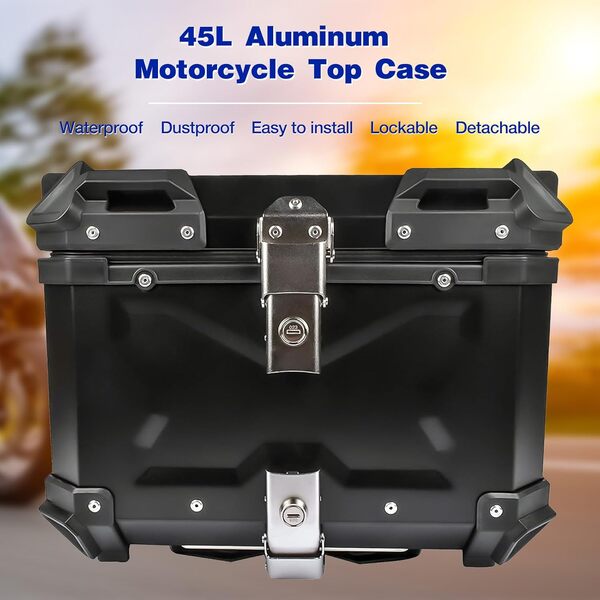 GLOSSY AUTO PARTS Top Case Moto Universel 45L Noir, Top Case Moto en Aluminium étanche, Coffre de Rangement à Double clé, Coffre de Visite pour Ranger Le Casque