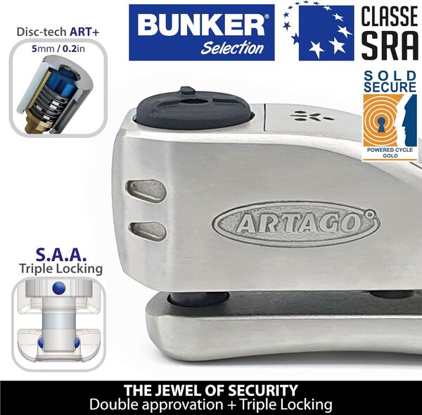 ARTAGO 32 Antivol Moto Haut de Gamme, Meilleur Bloque Disque Avec/Sans Alarme Don't Touch 120dB +LED, Homologué SRA & Sold Secure Gold, Blindage Anti-Perçage 5mm, Exclusif Triple Verrouillage 15.5mm