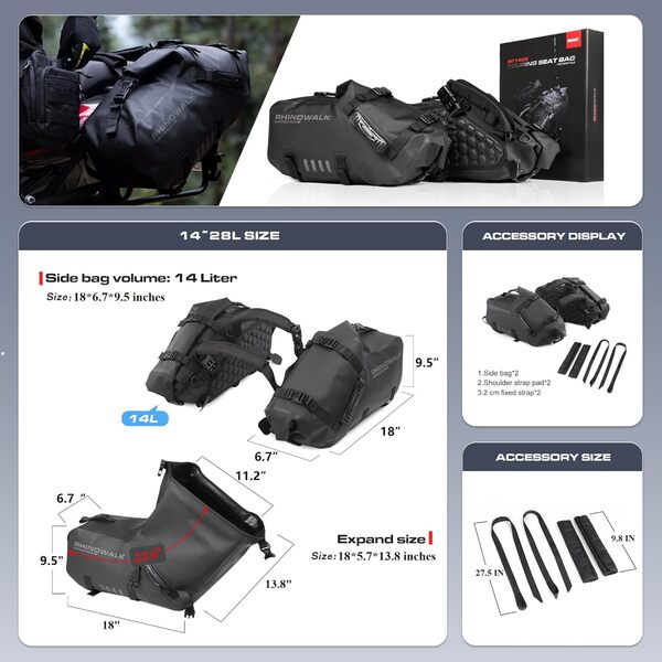 Rhinowalk Sacs de Selle de Moto Sacs de Porte-Bagages étanches Anti-Vibrations Sacs latéraux de Moteur Sacs d'épaule de Moto 28L, 1 Paire