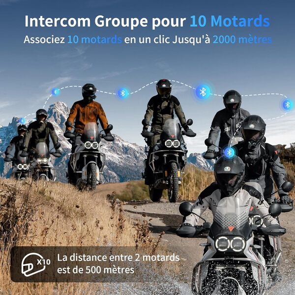 Fodsports M1-S Plus Intercom Moto pour 10 Casques, 2024 Version Améliorée Intercom Moto avec Partage de Musique/Appairage Rapide/Haut-Parleur Fod, 2000M Système de Communication Bluetooth