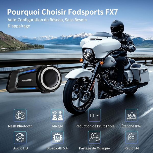 Fodsports FX7 Intercom Moto Bluetooth Mesh - 10 Motocyclistes Système de Communication Bluetooth Mesh pour Casque avec Fonction de Mixage/3 Chaînes/Partage de Musique/Radio FM/Étanche IP67