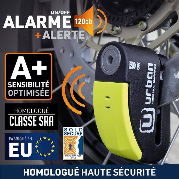 URBAN 999 Bloque Disque Moto Homologué SRA Sans ou Avec Alarme 120dB LED, Hi-Tech Sensibilité A+, Haute Sécurité Double Verrouillage ø14mm Anti-Sciage, Antivol Bloc Disque Roue pour Moto Scooter