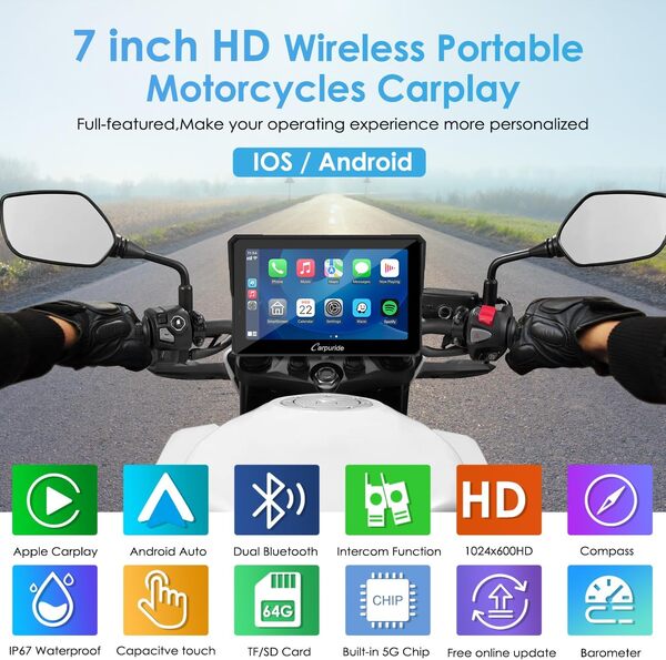 Carpuride W702 Pro Moto Carplay Écran avec Interphone Fonction, sans Fil Carplay et Android Auto, 7 Pouces Portable écran Tactile étanche, Amélioré Double Bluetooth, Navigation, Boussole, Baromètre.