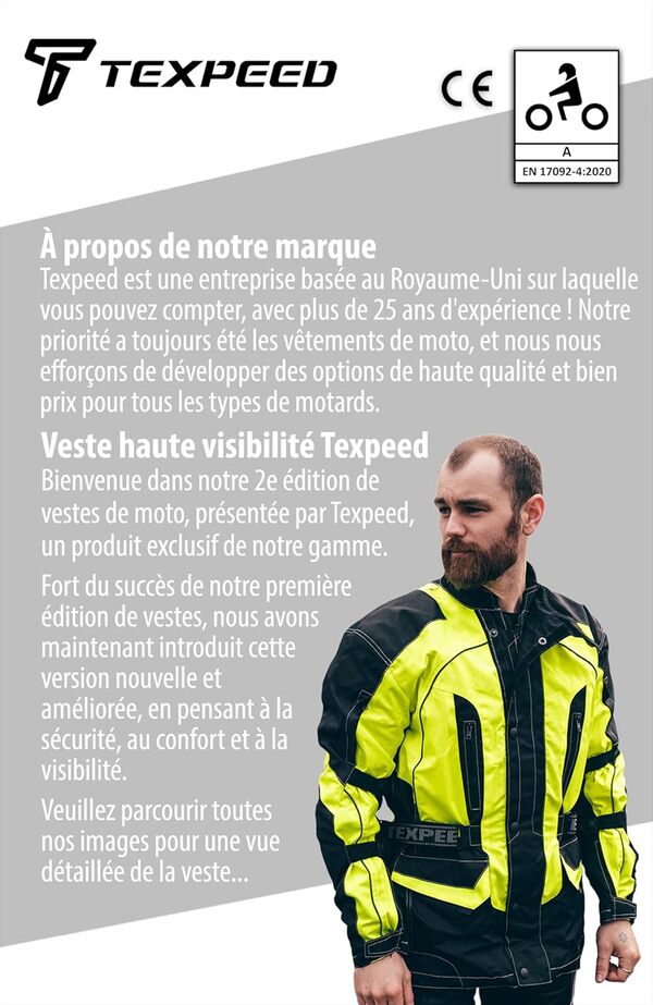 Texpeed Haute visibilité réfléchissante imperméable veste homme homologué avec protection - Hiver longue blouson motard avec armure CE (EN 1621-1) Jaune Noir - 7XL