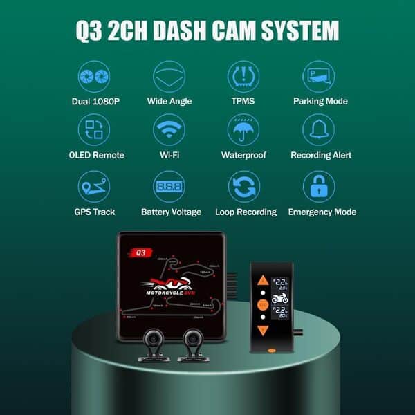 VSYSTO Q3 Dashcam Moto Caméra de Moto Camera Moto Double Lentille 1080P Caméra Avant et arrière Grand Angle de 150° DVR Moto Caméra de Sport étanche avec Mode Parking GPS WiFi OLED