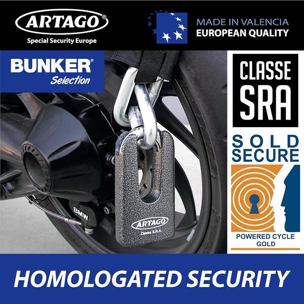 Artago 69T100 Chaine Antivol Moto Lourde + Mini U, Sécurité Maximale Homologué SRA, Sold Secure Gold, ø15mm 100cm, Cadenas Mini U en Acier Forgé MONOBLOK, Sécurité Maximale Testée, BUNKER SELECTION