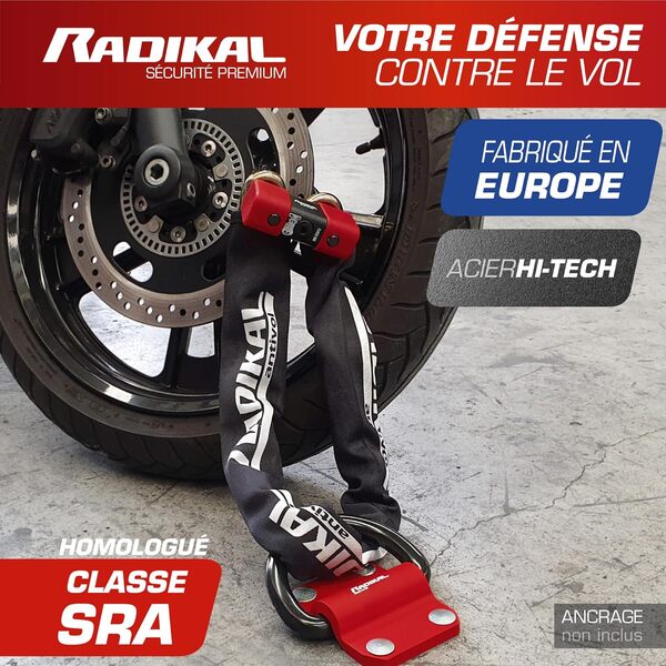 RADIKAL RK48150 Antivol Moto Homologué SRA, Sécurité Premium, Mini U 18mm Chaîne Acier Cémenté 13,5mm Testée contre Sciage Coupe-Boulons, Multifonction Bloque Disque/Chaîne 150cm pour Ancrage Garage