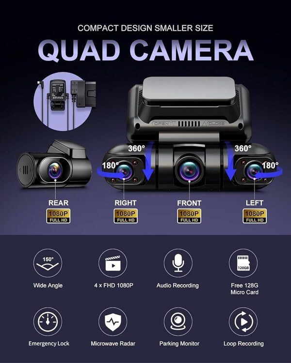 Rhorawill 4-Canaux Dashcam,360° Camera Voiture Avant Arrière Gauche Droite,Radar à Micro-Ondes Détection de Mouvement Mode Parking Caméra Embarquée Infrarouge,5G WiFi GPS,Gratuit 128GB,Hardwire Kit