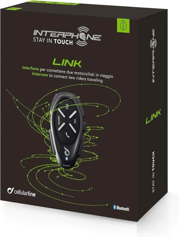 Interphone Link - Dual Paquet - Système de Communication Moto Bluetooth, Jusqu'à 2 Riders, Portée 300 MT, Contrôle du Bruit, Jusqu'à 20 Heures, Radio FM, MP3, GPS, IP67, Universal
