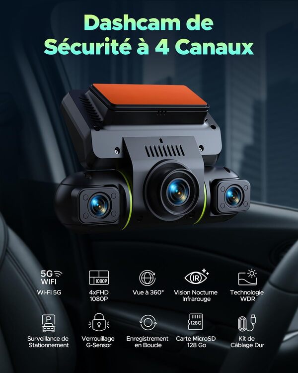 LAMTTO 360 Degrés Dashcam Voiture Avant Arrière 4 Canaux Camera Embarquée Contrôle de l'application Wi-FI 5G Surveillance du Stationnement Vision Nocturne IR Kit de Câblage pour SD 128GB Incluse