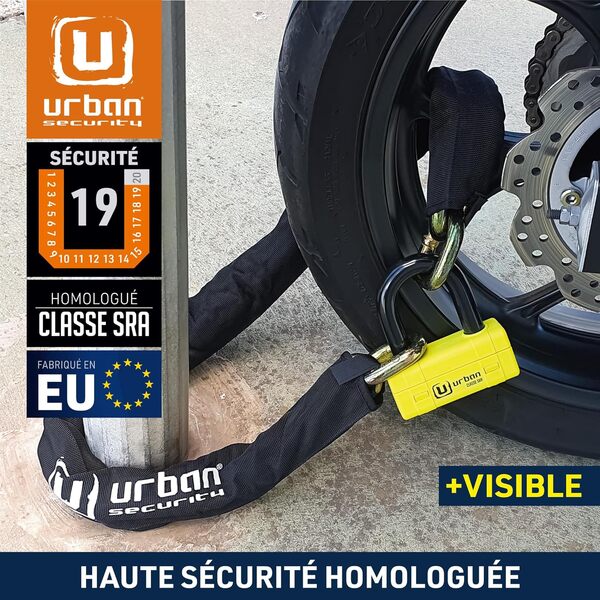 URBAN UR74120 Antivol Moto Homologué SRA, Mini U 18mm + Chaîne Haute Sécurité en Acier Cémenté 13,5mm Testée contre Sciage Coupe-Boulons, Multifonction Bloque Disque + Chaîne 120cm pour Ancrage Garage