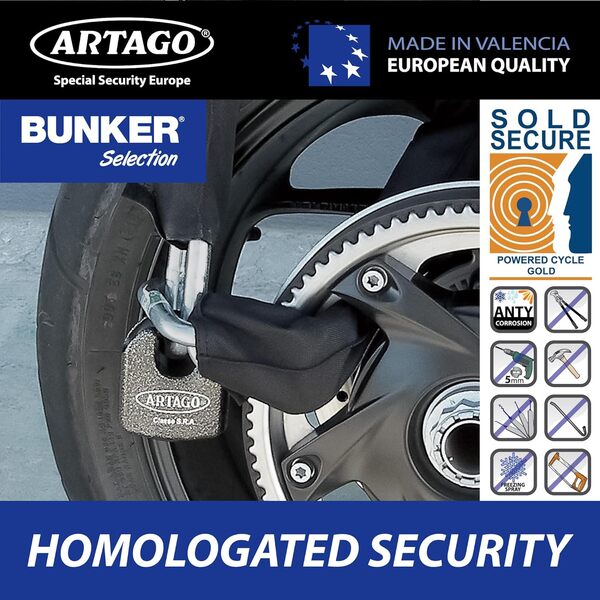 Artago 68T120 Chaine Antivol Moto Lourde de Sécurité Maximale, Homologué Sold Secure, ø15 120cm, BUNKER SELECTION, Cadenas Monobloc en Acier Forgé, Chaine Antivol Cémentée pour Moto Parking