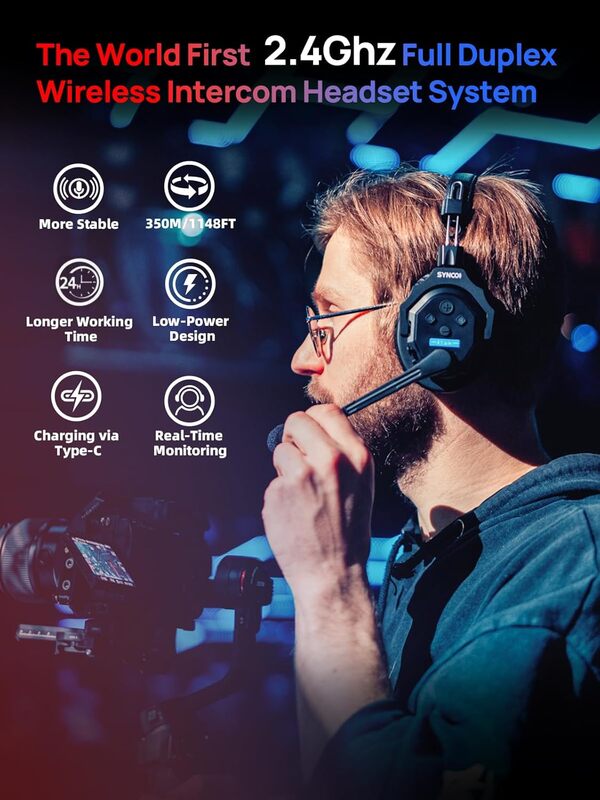 SYNCO Xtalk X2 Casque Intercom Full Duplex Système, 2.4G Casque Communication sans Fil Intercom Système pour Equipe d'Annulation du Bruit avec 2 Ecouteurs
