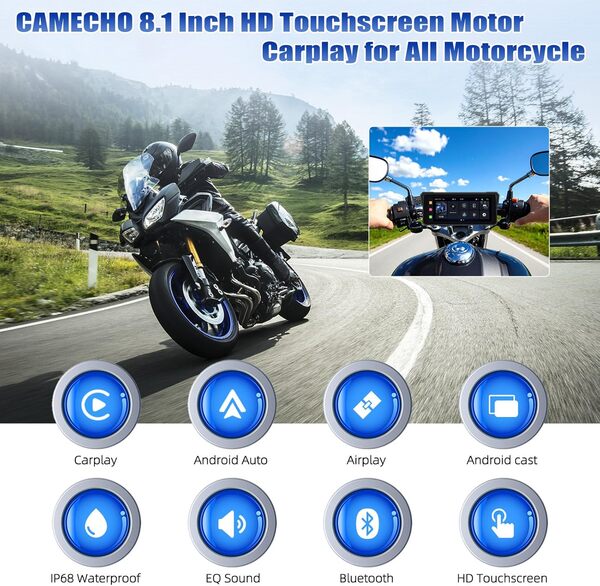 [2025] CAMECHO Wireless Carplay Ecran Moto 8.1 Pouces avec Android Auto IP68 Waterproof, Navigateur à Ecran Tactile avec Bluetooth Airplay Android Cast EQ Sound Large Adaptabilité +1600 * 600 HD