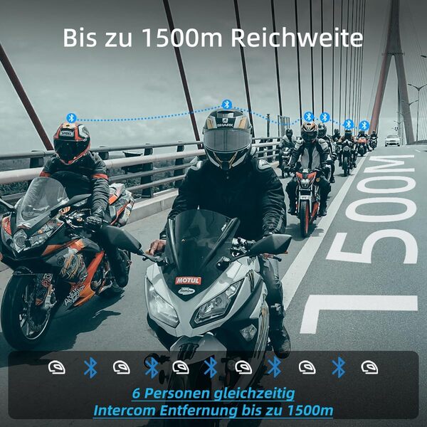 R9 6 Voies Intercom Moto pour 6 Casques,Kit Main Libre Moto,Portée d'appel de 1500 m,Technologie de Réduction de Bruit Double DSP&CAC,15 Heures d'utilisation Continue,2 Unités