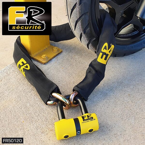 FR50120 Chaine Antivol Moto + Bloque Disque Moto Mini U ø13.5, 120cm Homologué Classe SRA, Antivol Robuste Haute Sécurité et Polyvalent pour Motocyclette, Scooter, Velo, Ancrage, Parking