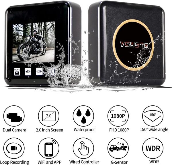 VSYSTO Caméra de Tableau de Bord de Moto Étanche WiFi 150° Fisheye 2 Pouces Écran WDR Double 1080p Caméra DVR pour Moto Vision Nocturne G-Sensor Enregistrement en Boucle (Noir + 2 Pouces)