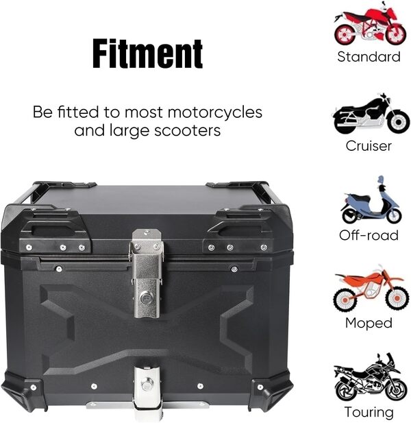 Top Case Moto, Bagages étanches pour Motos, Boîte de Queue de Motos avec Serrure De Sécurité, Coffres Moto pour Rangement Casques, Aluminium Top Case Plupart des Motoes et Maxi Scooters (65L Noir)