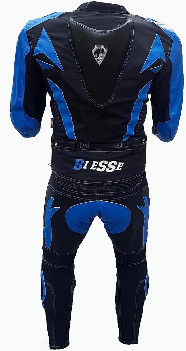 BI ESSE Combinaison de moto pour adulte en cuir et tissu, divisible en 2 pièces veste et pantalon, réglable (Bleu/Noir, XS)