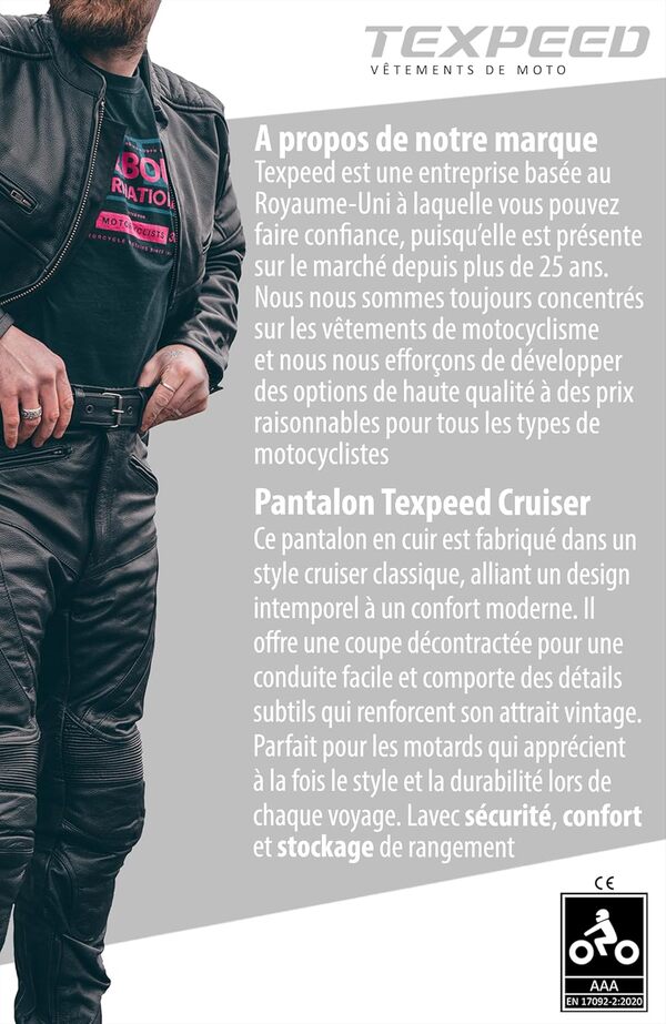 Texpeed Pantalon moto hommes - De tourisme en cuir pour Moto Cruiser avec protection authentique biker CE armor (EN 1621-1) Noir - (XXL Taille/Jambe Régulière)