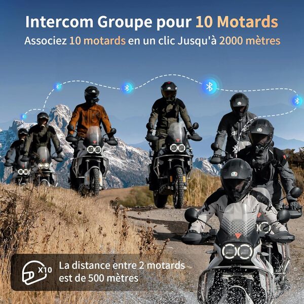 Fodsports FX8 Pro Intercom Moto avec Multitâche Audio, Kit Bluetooth Casque Moto, 2000M Système de Communication Bluetooth pour 10 Casques Motocyclette (Version V2.0)