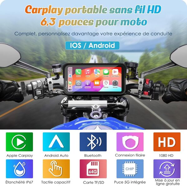 Carpuride W603 Écran Carplay pour Moto, CarPlay sans Fil et Android Auto pour Moto, Télécommande, Écran Tactile Étanche de 6,3 Pouces, Audio BT, Navigation GPS, Siri, Assistant G00gle