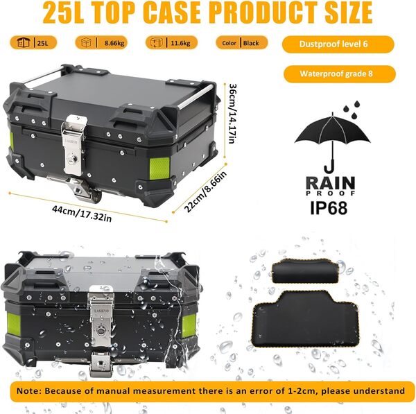 Top Case Moto, 25L Alliage Aluminium Coffre Moto avec Serrure de Sécurité Antivol et 2pcs Plaques de Base, Universel Imperméable Anti-poussière Top Box pour Rangement, Noir