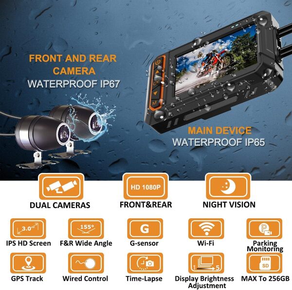 ydi Dashcam Avant et Arrière 1080P pour Moto, Étanche Caméra Moto Embarquée avec Écran 3 Pouces, Double Grand Angle 155 Degrés, Wi-FI, GPS, Télécommande Filaire, Moniteur de Parking