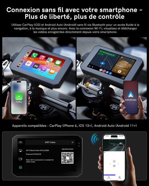 Écran Tactile 5'' pour Moto Compatible CarPlay & Android Auto, GPS Intégré, Étanchéité IP68, Dashcam Avant/Arrière