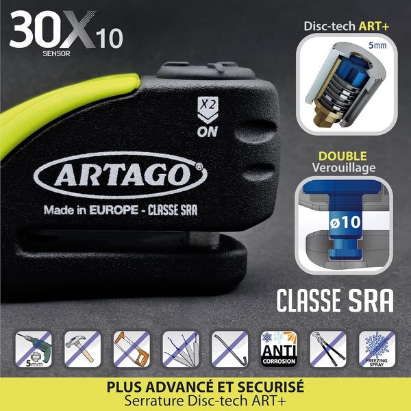 ARTAGO 30X10 Antivol Moto Haut de Gamme, Bloque Disque Avec/Sans Alarme Don't Touch 120dB +LED, Homologué SRA & Sold Secure Gold, Exclusif Blindage Serrure Anti-Perçage 5mm, Double Verrouillage 10mm