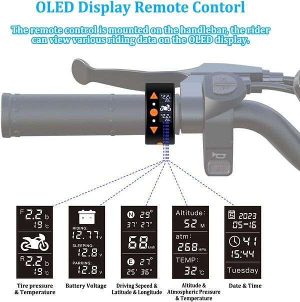 VSYSTO WiFi Moto tachygraphe HD 1080p caméra Avant et arrière, DVR étanche avec capteur de Pression des pneus, télécommande d'affichage électronique, GPS, Surveillance du stationnement