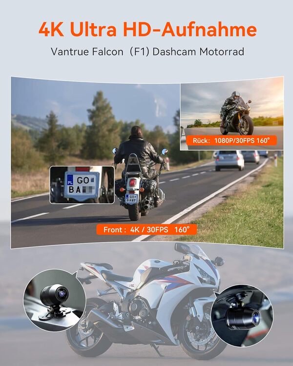 VANTRUE F1 4K+1080P Caméra de Moto étanche IP67，5GHz WiFi GPS Dashcam Moto Avant et Arrière, Alertes Vocales, 24H Détection de Collision，Statistiques de Kilométrage，WDR & HDR & Appli,300° Max 512G