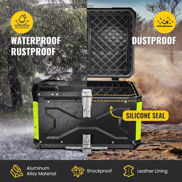 Top Case Moto, 65 L Alliage D'aluminium Top Case Scooter, Valise à Casque avec Serrure Sécurité, Valise de Moto Universelle avec Plaque Base, Étanche et Résistant aux Chutes et Antivol (65L, Noir)