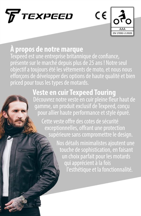 Texpeed Veste de moto en cuir pour homme - Homologué blouson été/hiver de moto de tourisme avec protection véritable biker CE armor (EN 1621-1) Design cousu matelassé - Noir - 6XL