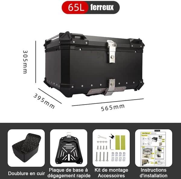 Top Case Moto, Bagages étanches pour Motos, Boîte de Queue de Motos avec Serrure De Sécurité, Coffres Moto pour Rangement Casques, Aluminium Top Case Plupart des Motoes et Maxi Scooters (65L Noir A)