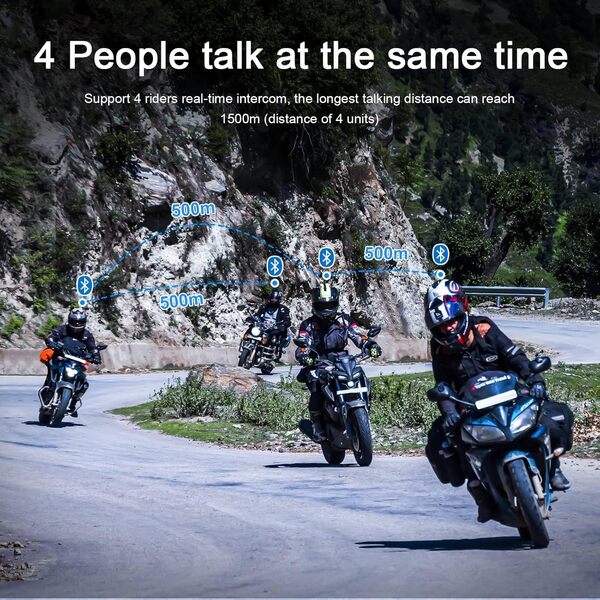 V4 Plus Intercom Moto Bluetooth,1500 m de Portée, Communication de Groupe 4 Personnes pour Motards, Arbitres FIFA, Ski et Quad/Tout-Terrain (4 Pièces)