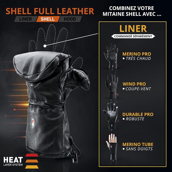 THE HEAT COMPANY Shell Full Leather Moufles - L'innovation des Gants - Gants Cuir dépliables - Gants Hiver Extra Chauds - Gants tactiles - Gants de Ski pour Homme & Femme - sans sous-Gant