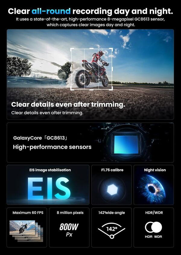 Akeeyo-710pro EIS Motorcycle Camera,4K 28fps 20MP WiFi Motorcycle Dash Cam,IP66 Ultra HD Imperproof Motorcycle Camera,142° Grand Angle Vision Nocturne avec Carte 64 Go,G-Sensor,Mode de Stationnement