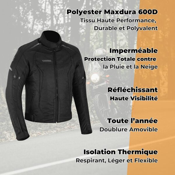 Veste Moto Homme 4 Saisons. Homologué CE, Réfléchissant, Imperméable, Respirant. Protection Dos et Coudes