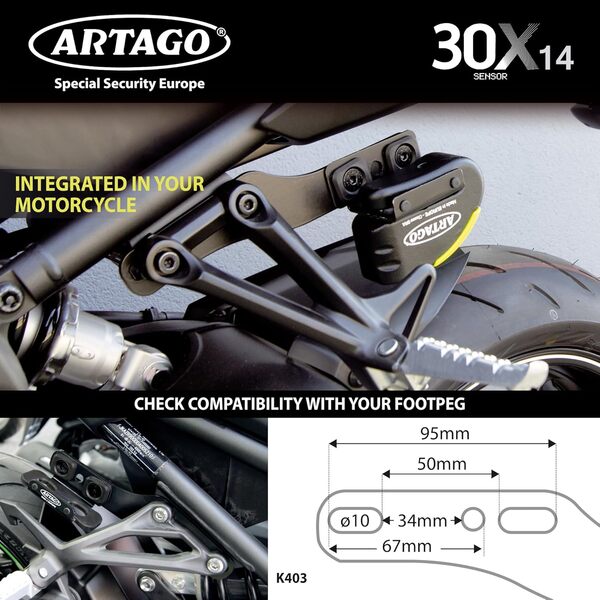 Artago 30X2 Pack Antivol Bloque-Disque avec Alarme 120db Haute Sécurité + Support pour Yamaha MT-07 et Tracer 700, Homologué SRA et Sold Secure Gold, Noir/Jaune