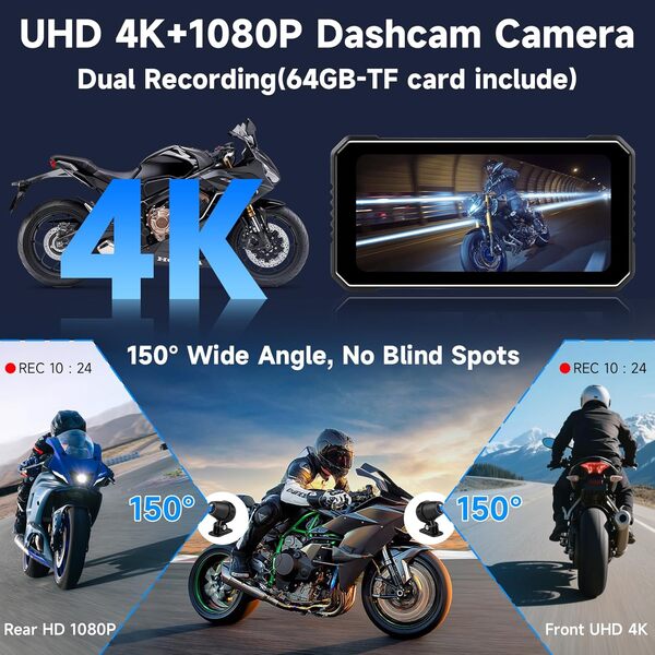 CarPlay Moto avec 6,25 Pouces Display Dashcam Moto Carplay Android Auto avec 4K+1080P Double Caméra Navigation GPS Étanche Double Bluetooth Commande Vocale Siri Carte 64GB-TF