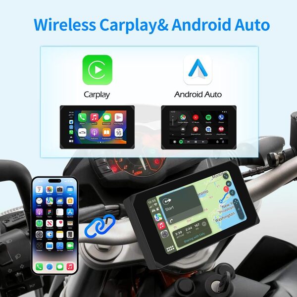 VSYSTO Moto Carplay, Écran Carplay et Android Auto sans Fil avec Avant et Arrière Caméras, Tactile étanche de 5 Pouces pour Moto avec WiFi, Navigation GPS, Double Bluetooth, Siri Assistant, TPMS