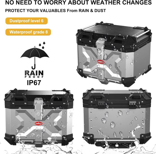 LASIEYO 45L Moto Top Case, Aluminium Moto Coffre Voyage Boîte de Queue avec Verrouillage de Sécurité pour Stockage Casque Grand Bagage, Étanche Moto Top Box