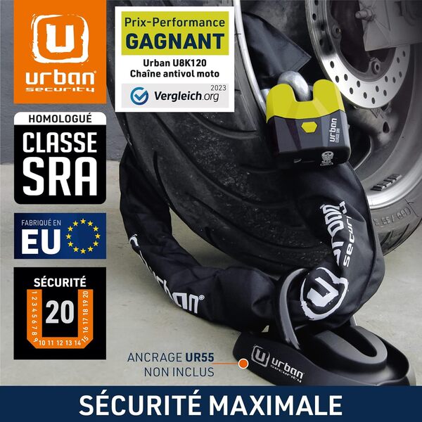URBAN U8K120 Chaine Antivol pour Moto SRA Homologué, Haute Sécurité, Acier Trempé ø15mm, Double Verrouillage, Serrure Anti-Crochetage, 120cm pour Fixation dans Garage Moto ou Velo Électrique