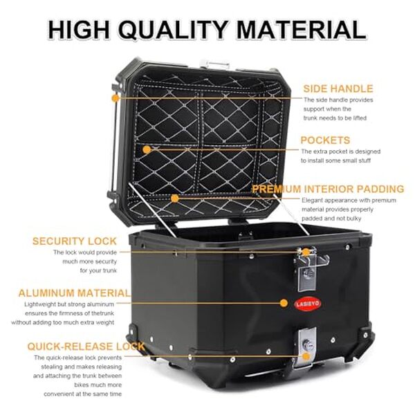 Découvrez le coffre moto LASIEYO 45L : étanche, sécurisé et pratique pour transporter vos affaires en toute confiance lors de vos déplacements à moto. 
